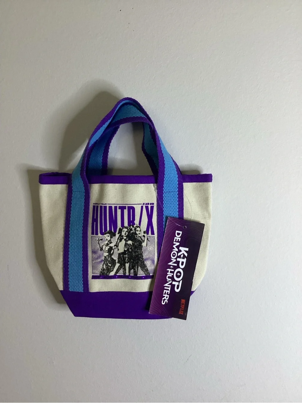 HUNTR/ X Canvas Tote Bag in Cream & Purple with Blue Straps